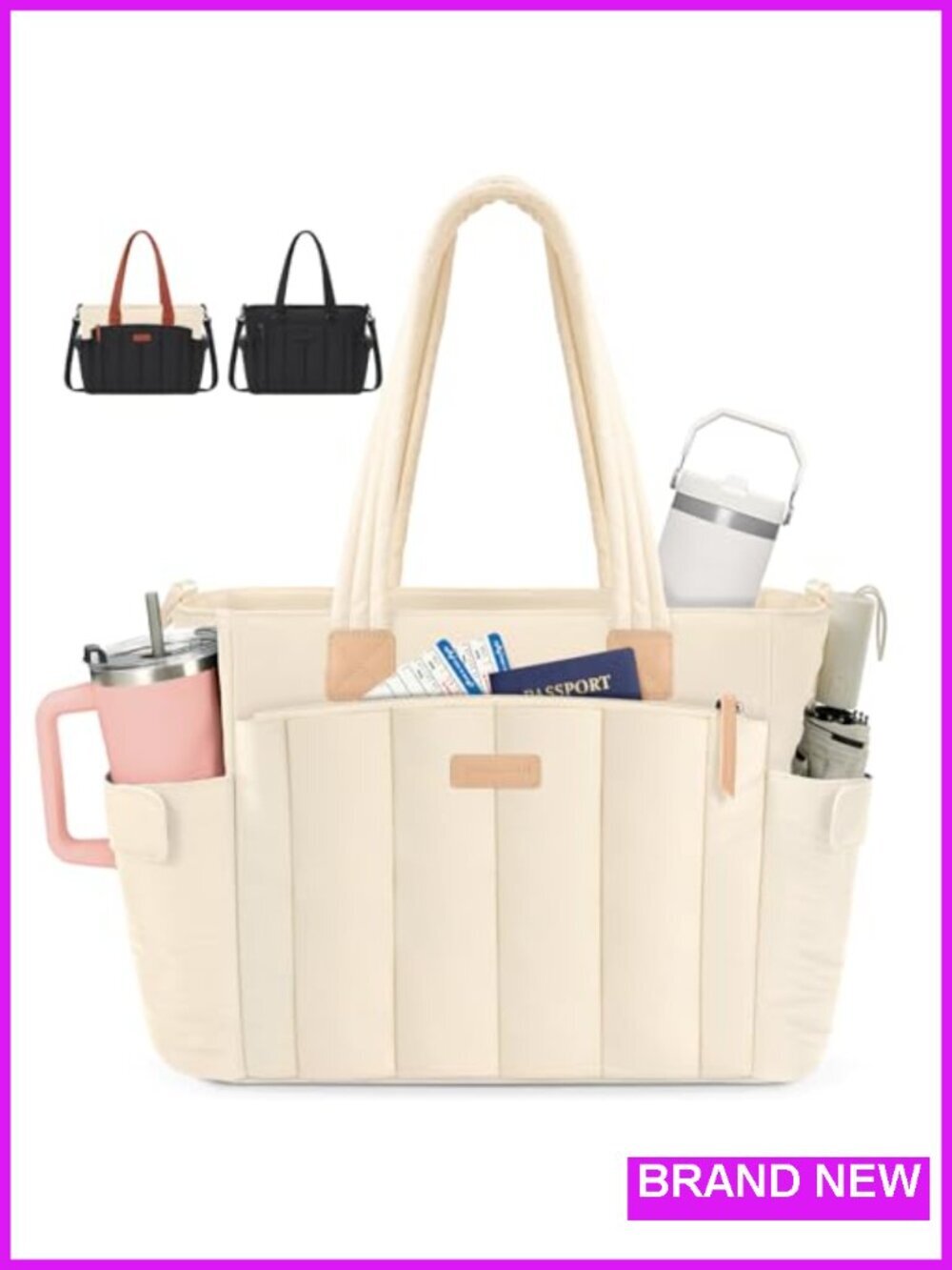 Quilted Nylon Laptop Tote Bag with 40oz Cup Holder